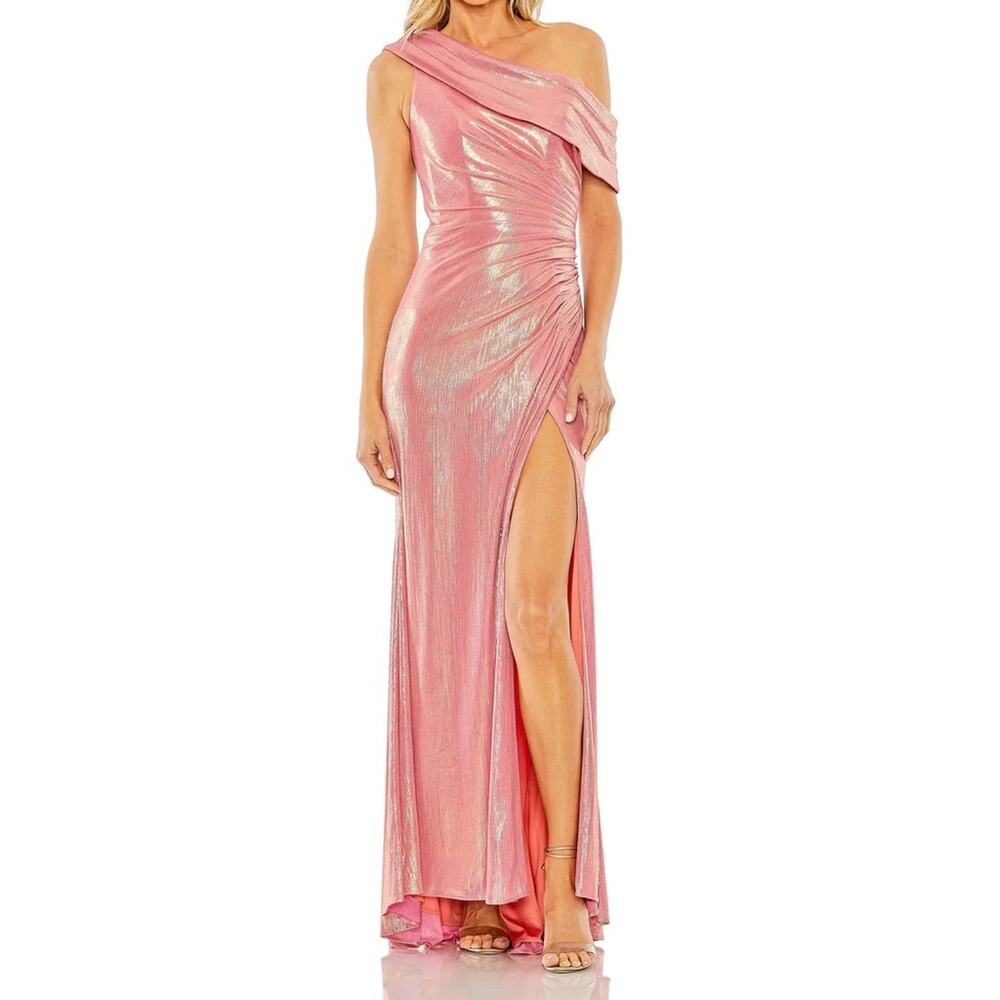Mac Duggal Off The Shoulder Ruched Waist Slit Metallic Gown Coral 27152 Sz 16